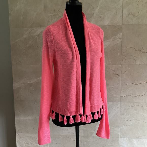 Lilly Pulitzer Faretta Open Knit Cardigan Sweater Small Coral Tassels Resort - Picture 5 of 9